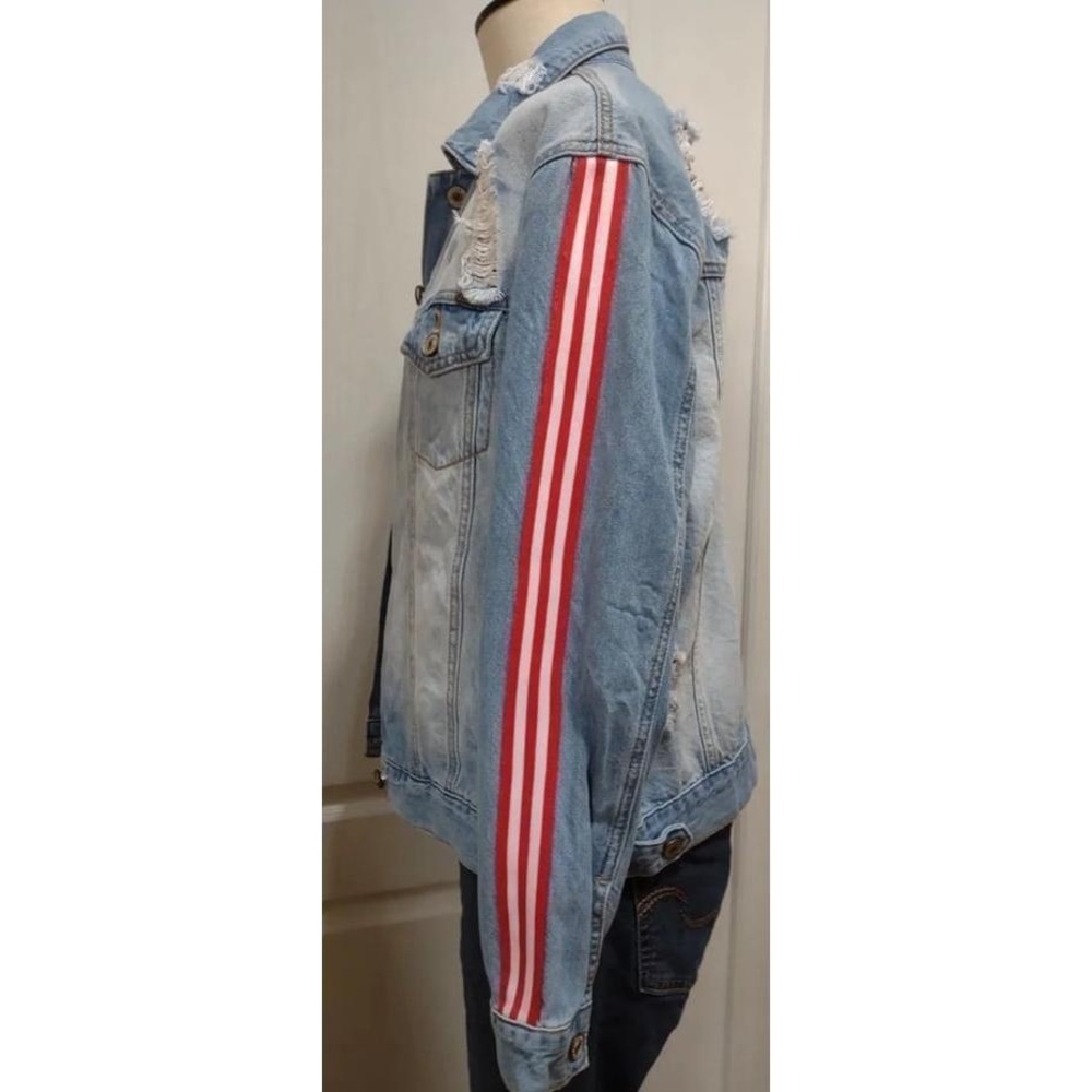 KanCan Womens Denim Jacket M Light Blue Distressed Striped Streetwear - Picture 6 of 10